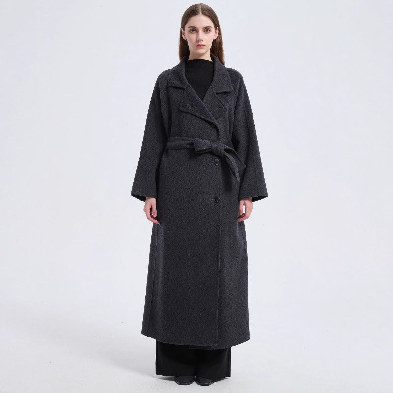 Long Wool Blend Trench Coat Abaya | Double-Breasted Belted Overcoat(MS188)