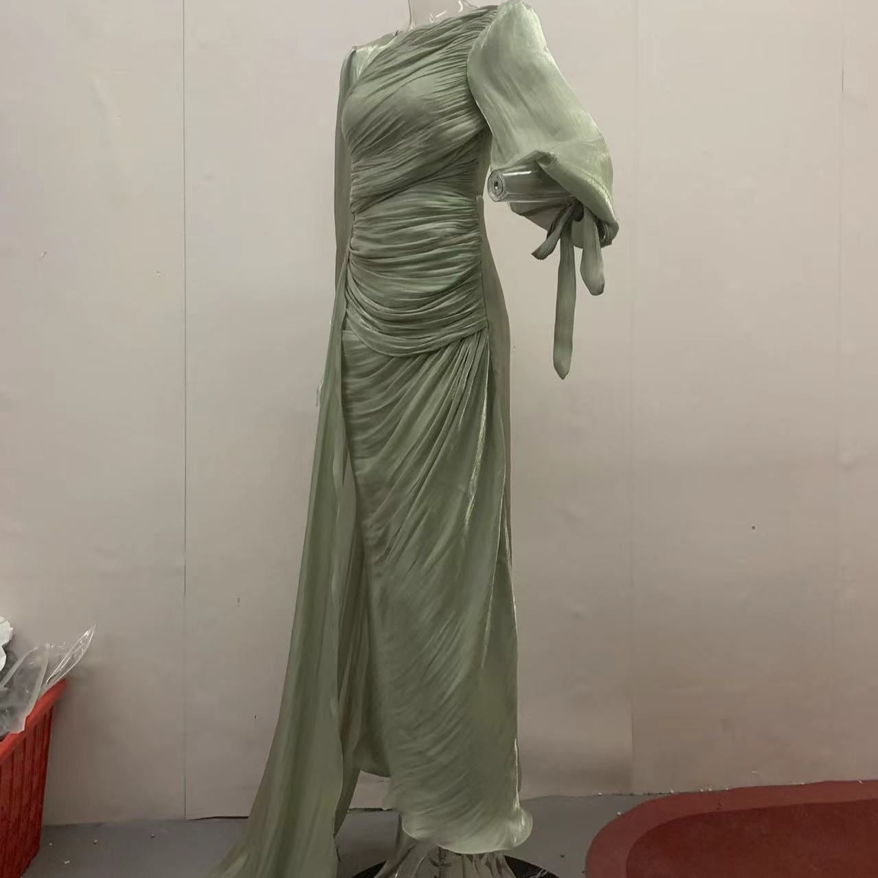 Ruched Evening Dress | Puff Sleeve Bodycon Maxi Dress(MS280)