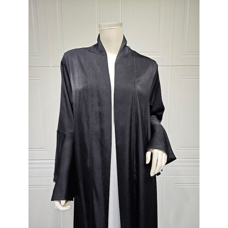 Lotus Leaf Sleeve Solid Soft Satin Open Front Abaya Dress | Lightweight Modest Abaya Cover(MOA220)
