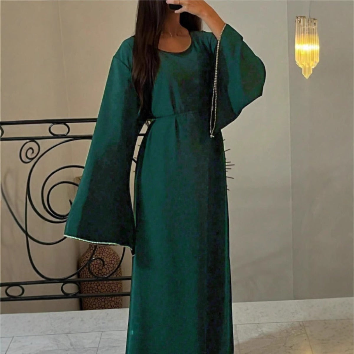 Luxury Loose Cuff Chain Abaya Dress - Modest Long Sleeve Elegant Robe with Silver Detailing(MA278)