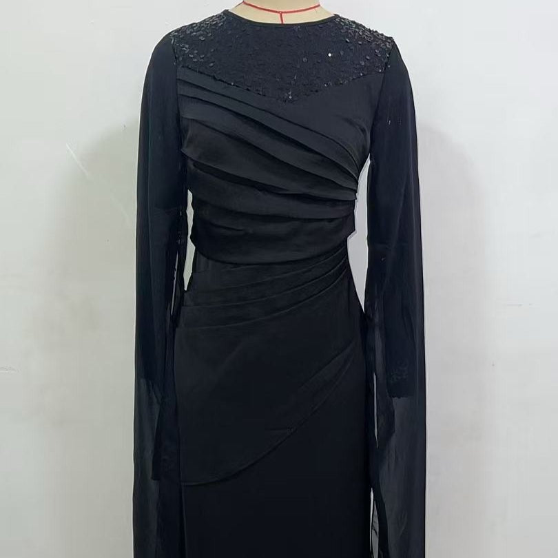 Sequin Embellished Formal Dress | Long Sleeve Ruched Bodycon Dress(MS272)