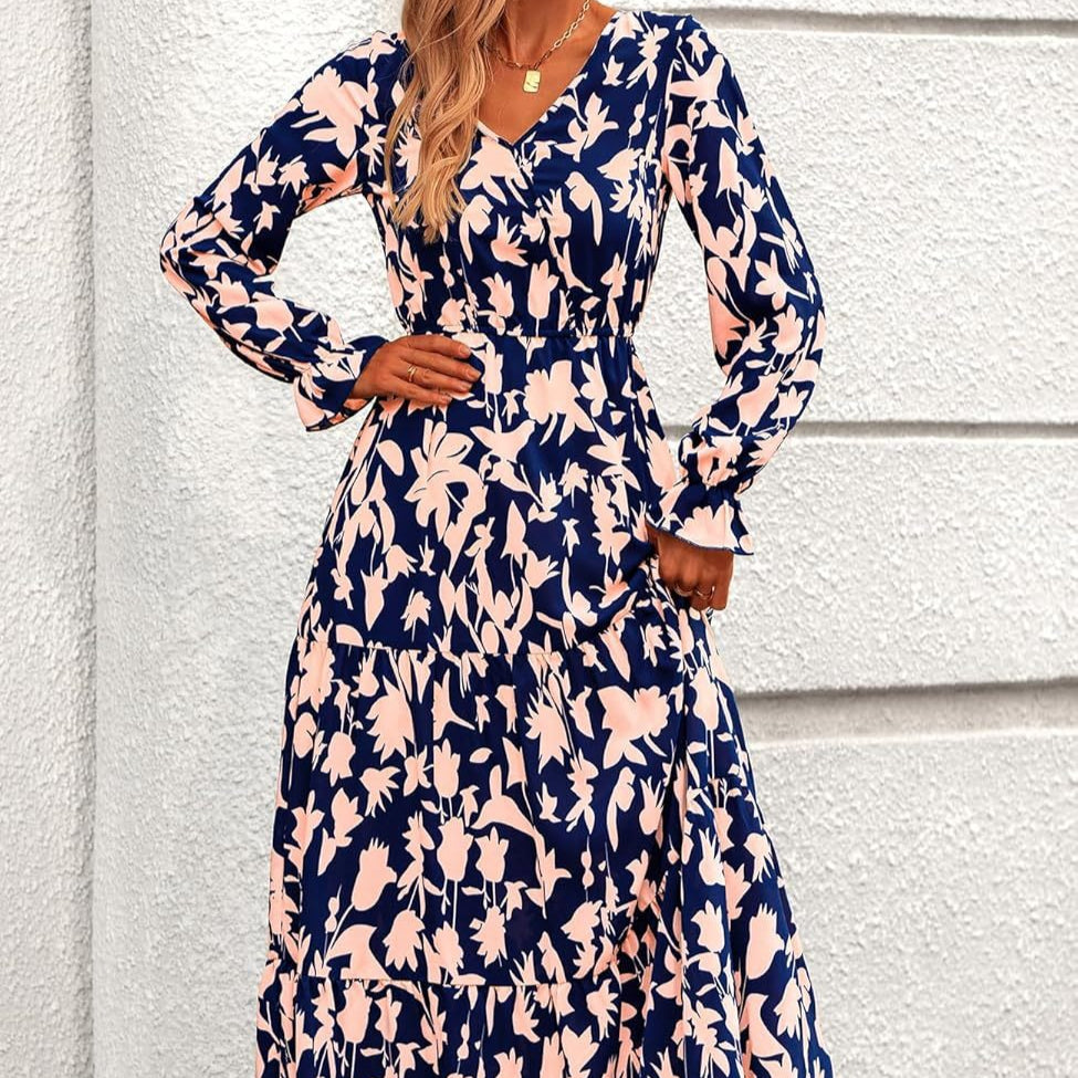 Floral Print V-Neck Midi Dress | Long Sleeve Elastic Waist Dress(MS271)