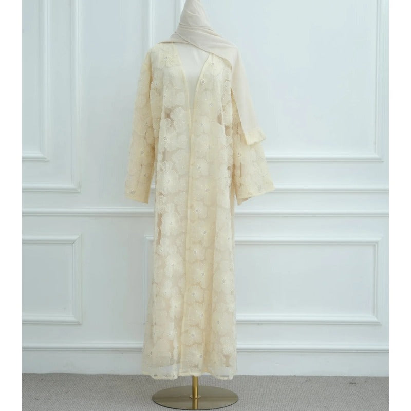Mesh Flower Bead Open Abaya and Satin Interior Dress 2-Piece Set  | Elegant Muslim Wedding Guest Outfit(MOA222)