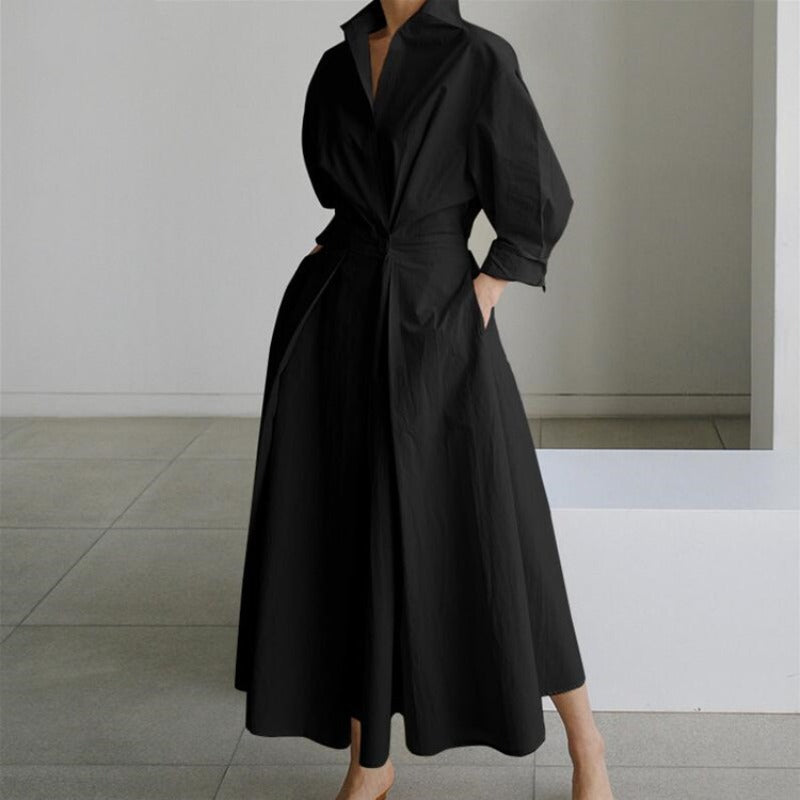 Cotton Linen Polo Collar Long Sleeve Maxi Dress(MS116)