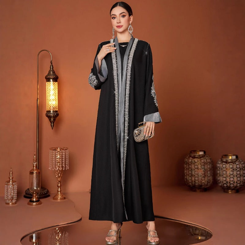 Luxury Embroidered Rhinestone Abaya | Open Front with Contrast Trim & Split Cuffs(MOA235)