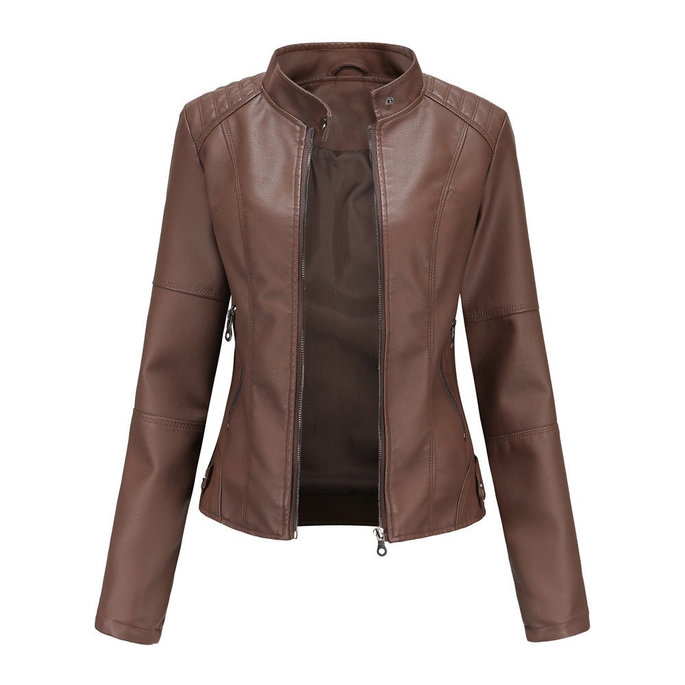 Fitted Moto Jacket | Stand Collar Faux Leather Biker Jacket(MS246) - Mariam's Collection