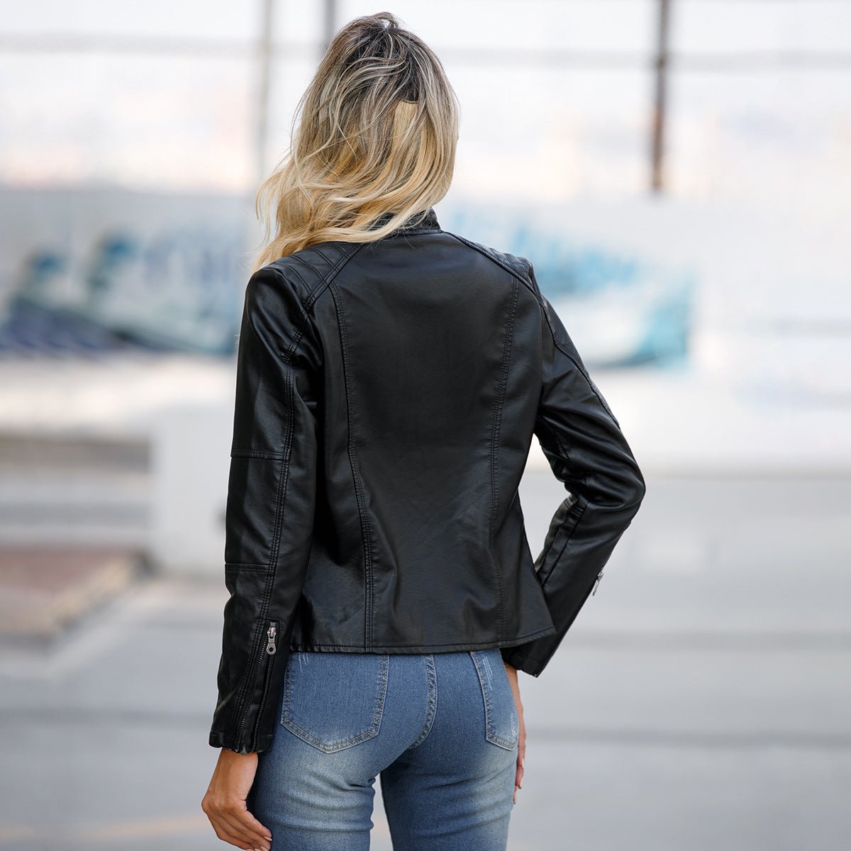 Fitted Moto Jacket | Stand Collar Faux Leather Biker Jacket(MS246) - Mariam's Collection