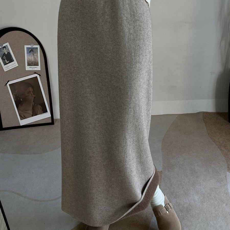 Fleece - Lined Knit Midi Skirt with Side Slit(MS207) - Mariam's Collection
