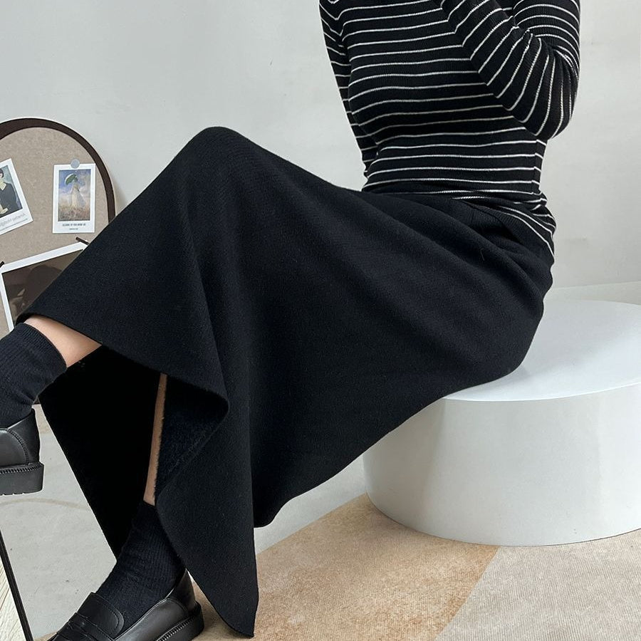 Fleece - Lined Knit Midi Skirt with Side Slit(MS207) - Mariam's Collection