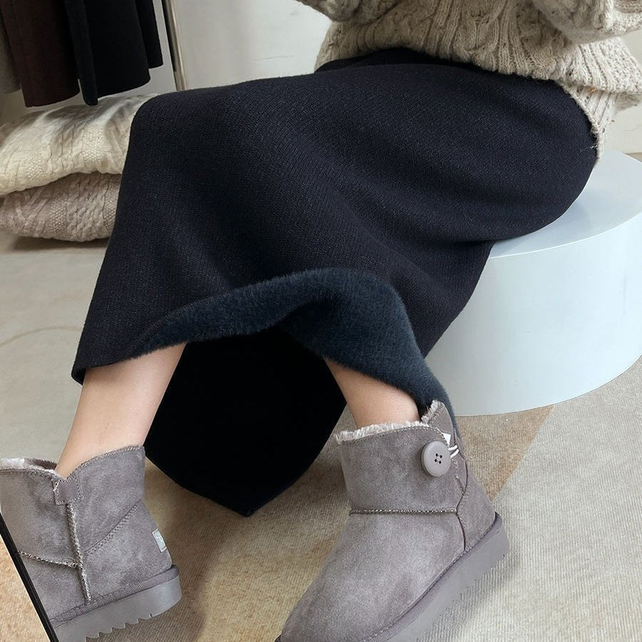 Fleece - Lined Knit Midi Skirt with Side Slit(MS207) - Mariam's Collection