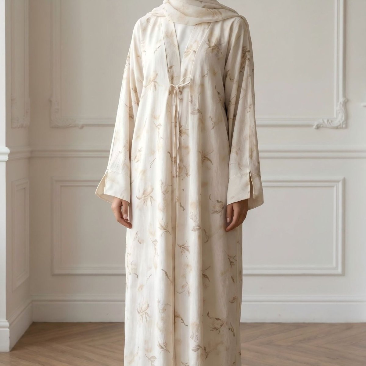 Floral Bird Print Satin Open Abaya(MOA322) - Mariam's Collection