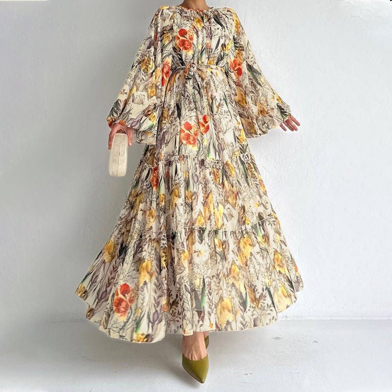 Floral Chiffon Dress with Three-Tier Ruffle Skirt 