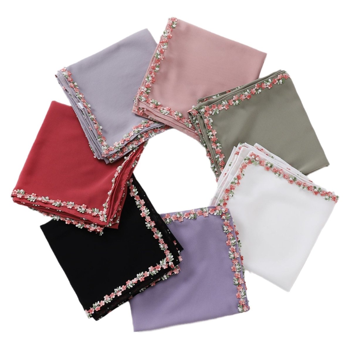 Chiffon hijab scarf in pine leaf green with delicate floral embellishment