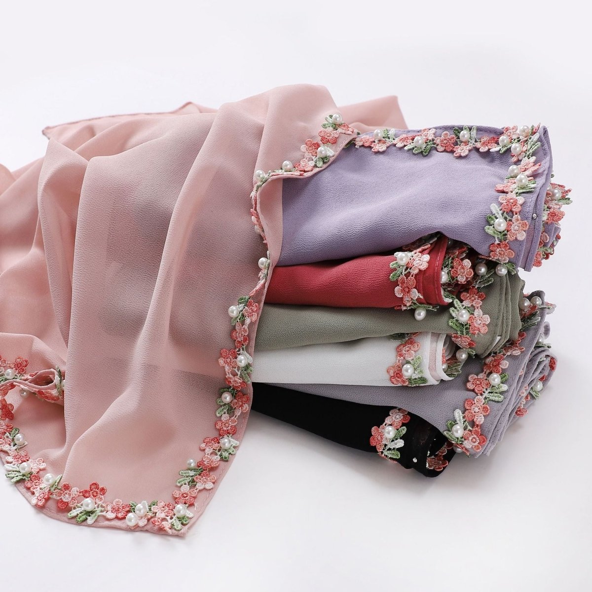 Floral Embellished Chiffon Hijab Scarf(MH221) - Mariam's Collection