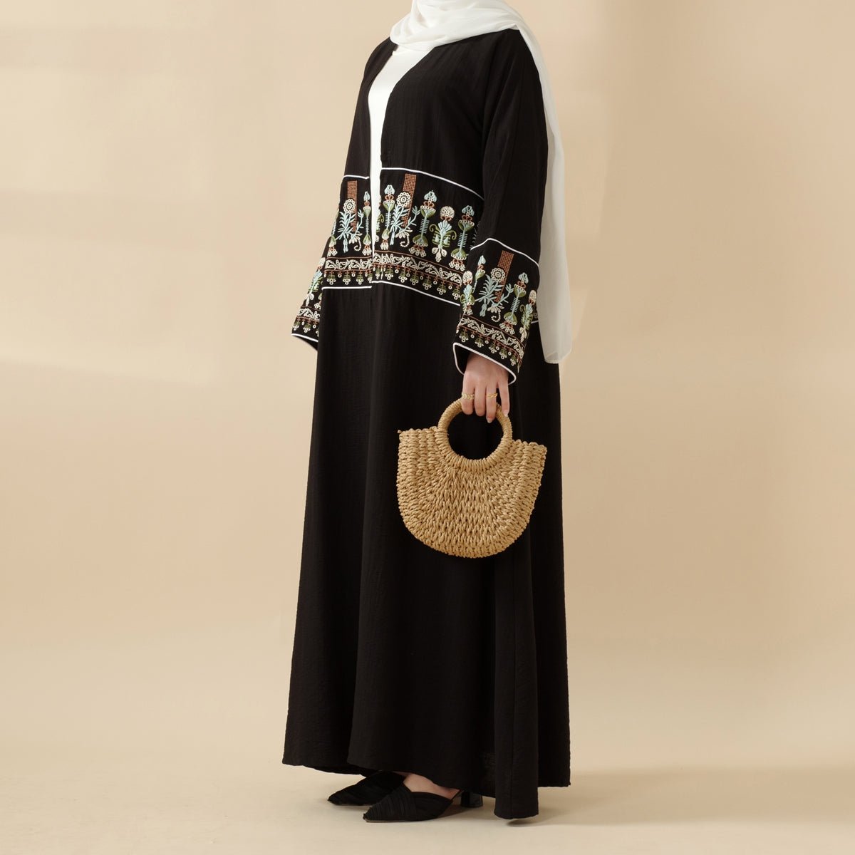 Floral Embroidered Crepe Open Abaya (MOA128) - Mariam's Collection
