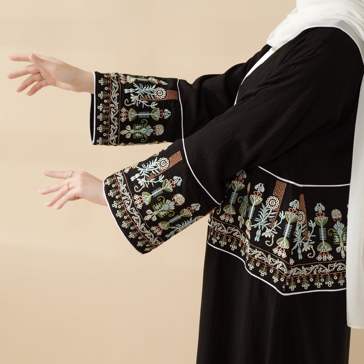 Floral Embroidered Crepe Open Abaya (MOA128) - Mariam's Collection
