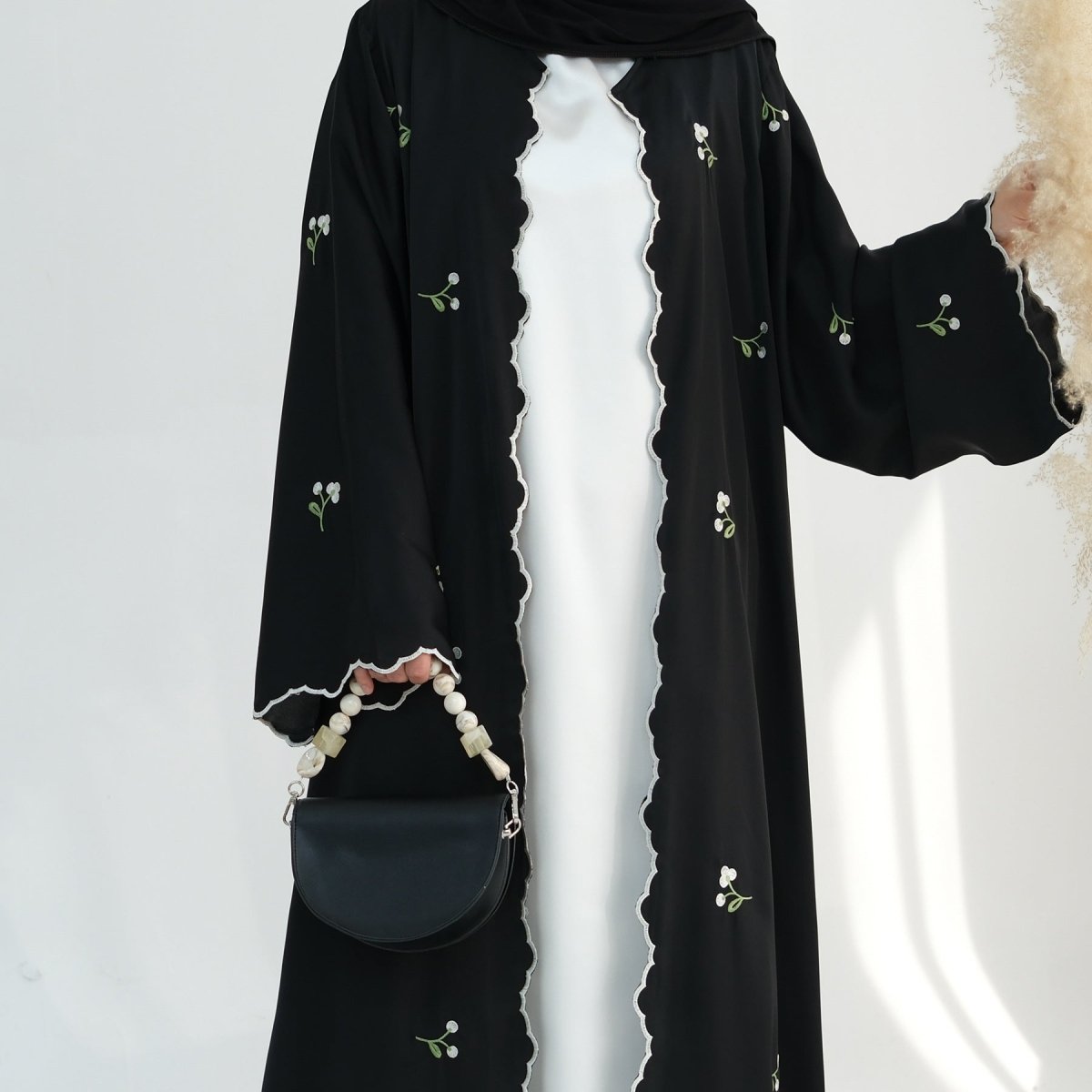 Floral Embroidered Elegant Lace Open Abaya (MOA101) - Mariam's Collection