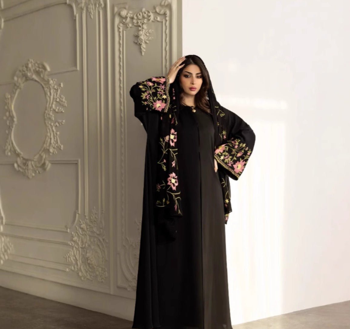 Floral Embroidered Mesh Abaya | Modest Muslim Luxury Black Sheer Robe with Pink/Green Floral Lace. (MOA179) - Mariam's Collection