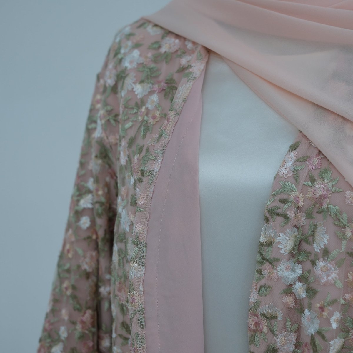 Floral Embroidered Mesh Open Abaya & Hijab Set(MOA321) - Mariam's Collection