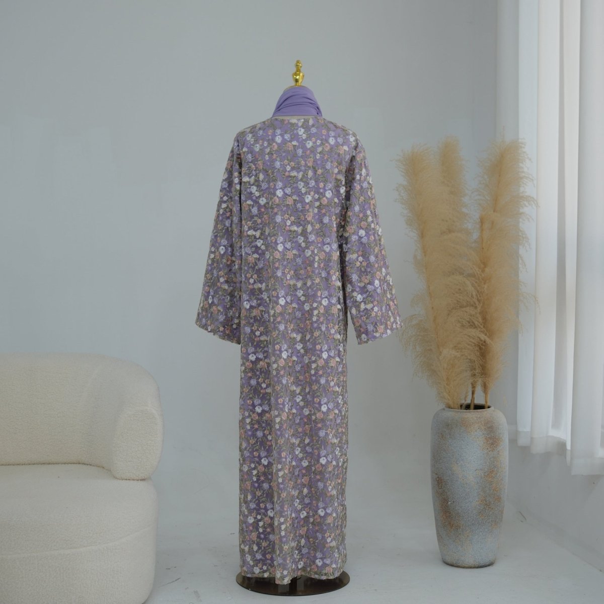 Floral Embroidered Mesh Open Abaya & Hijab Set(MOA321) - Mariam's Collection