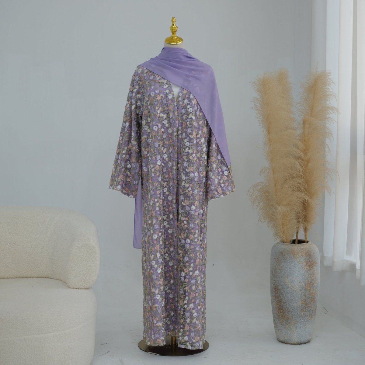 Floral Embroidered Mesh Open Abaya & Hijab Set(MOA321) - Mariam's Collection