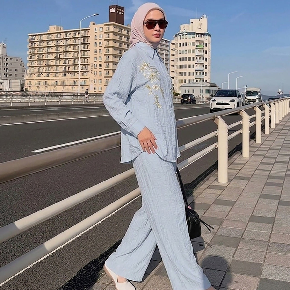 Floral Embroidered Shirt & Wide-Leg Trousers Two-Piece Co-ord Set(MS511) - Mariam's Collection