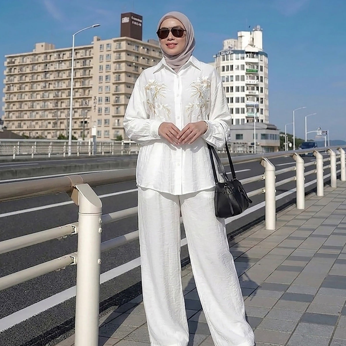 Floral Embroidered Shirt & Wide-Leg Trousers Two-Piece Co-ord Set(MS511) - Mariam's Collection