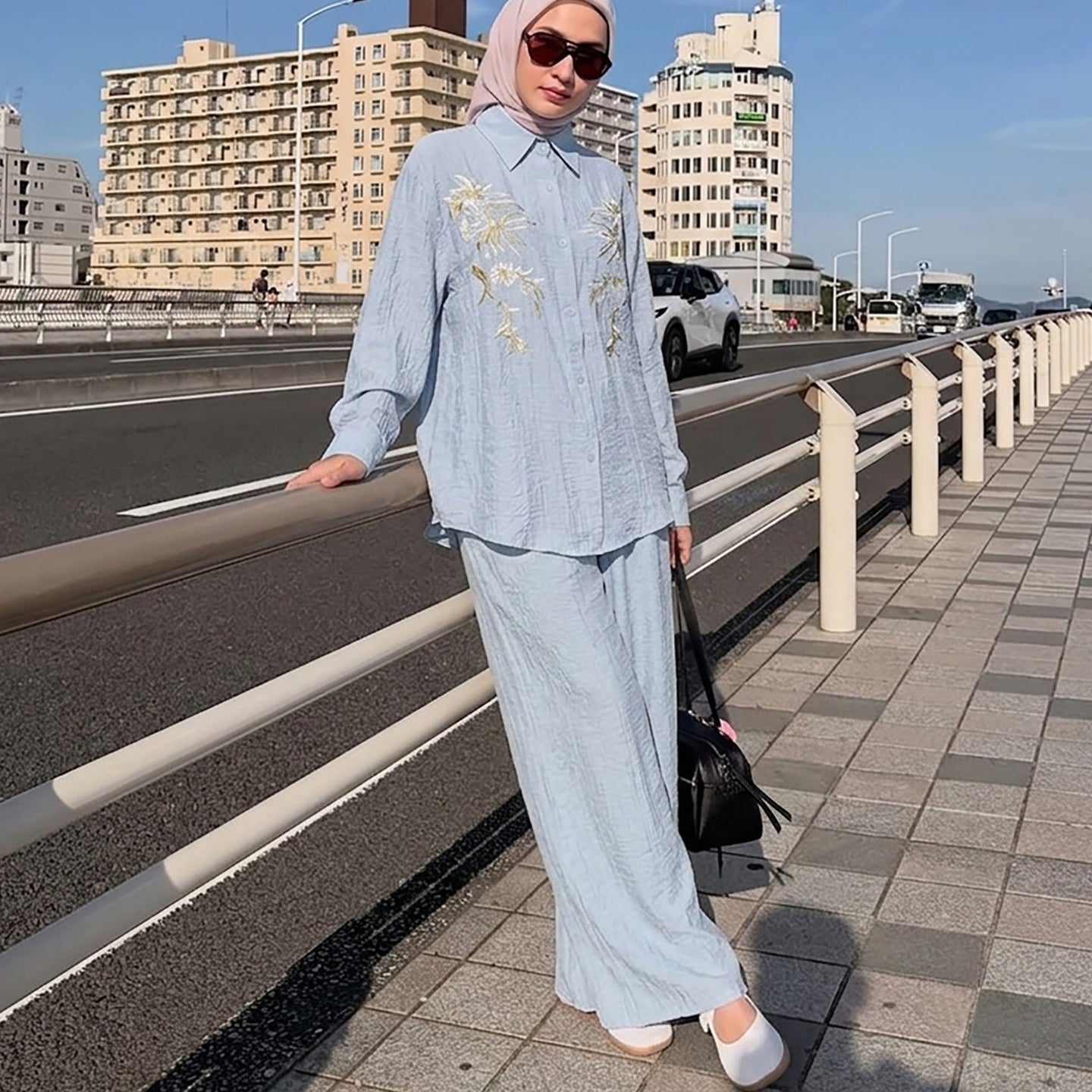 Floral Embroidered Shirt & Wide-Leg Trousers Two-Piece Co-ord Set(MS511) - Mariam's Collection