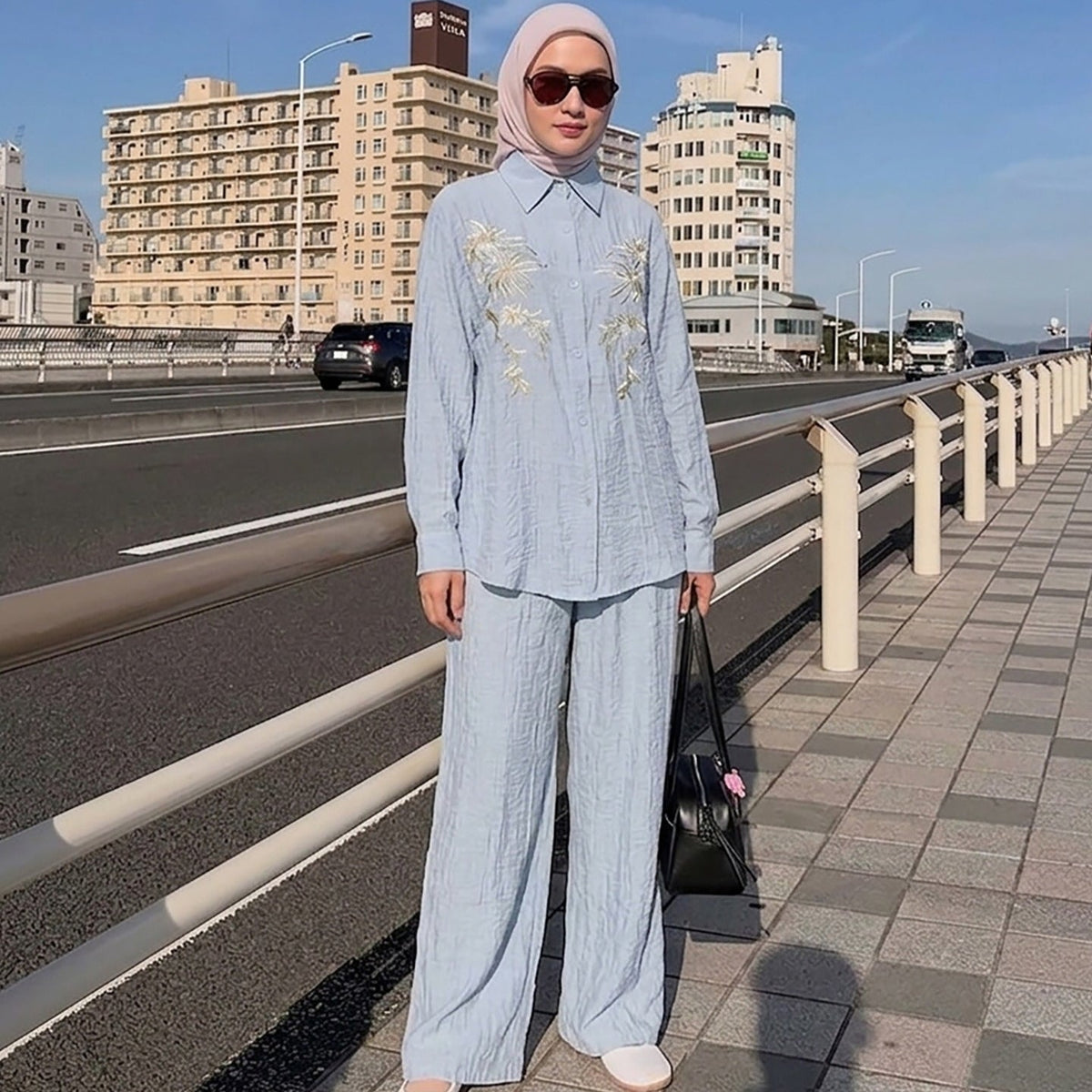 Floral Embroidered Shirt & Wide-Leg Trousers Two-Piece Co-ord Set(MS511) - Mariam's Collection