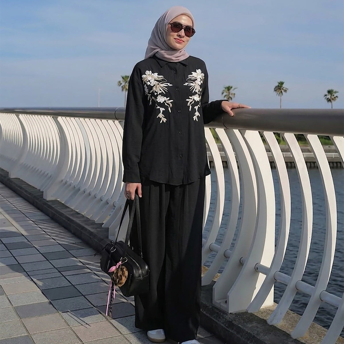 Floral Embroidered Shirt & Wide-Leg Trousers Two-Piece Co-ord Set(MS511) - Mariam's Collection