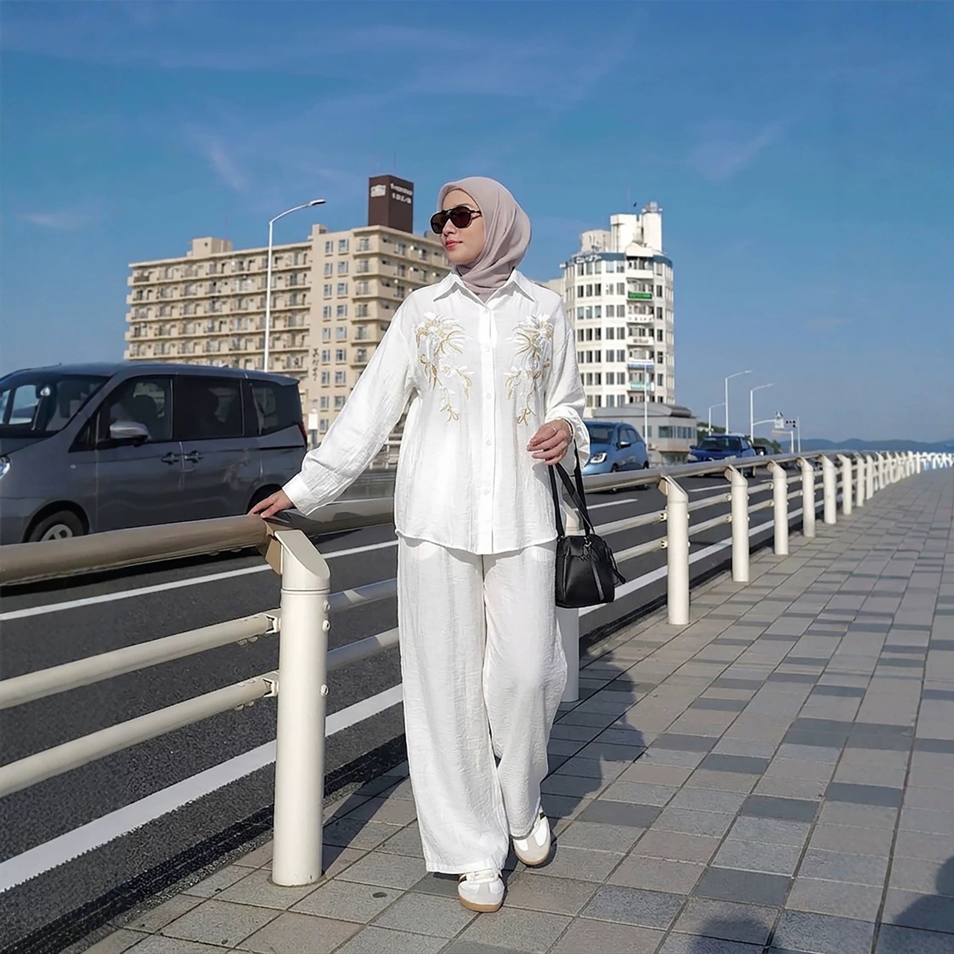 Floral Embroidered Shirt & Wide-Leg Trousers Two-Piece Co-ord Set(MS511) - Mariam's Collection