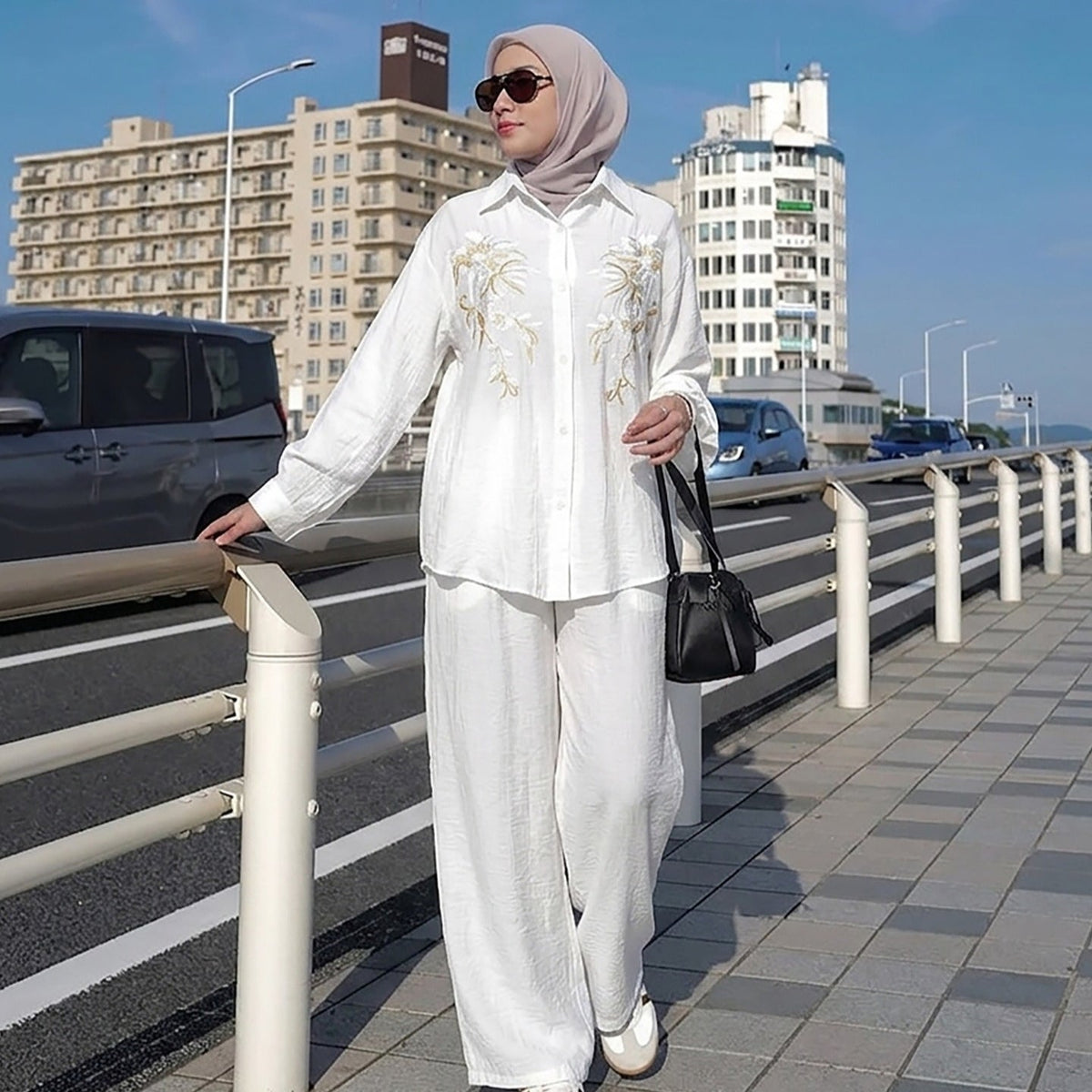 Floral Embroidered Shirt & Wide-Leg Trousers Two-Piece Co-ord Set(MS511) - Mariam's Collection