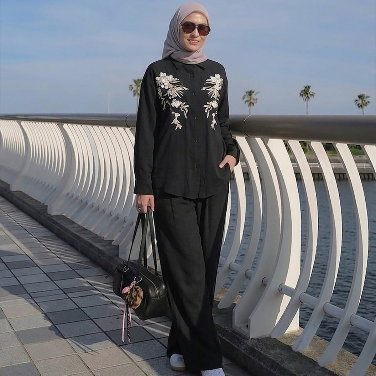 Floral Embroidered Shirt & Wide-Leg Trousers Two-Piece Co-ord Set(MS511) - Mariam's Collection
