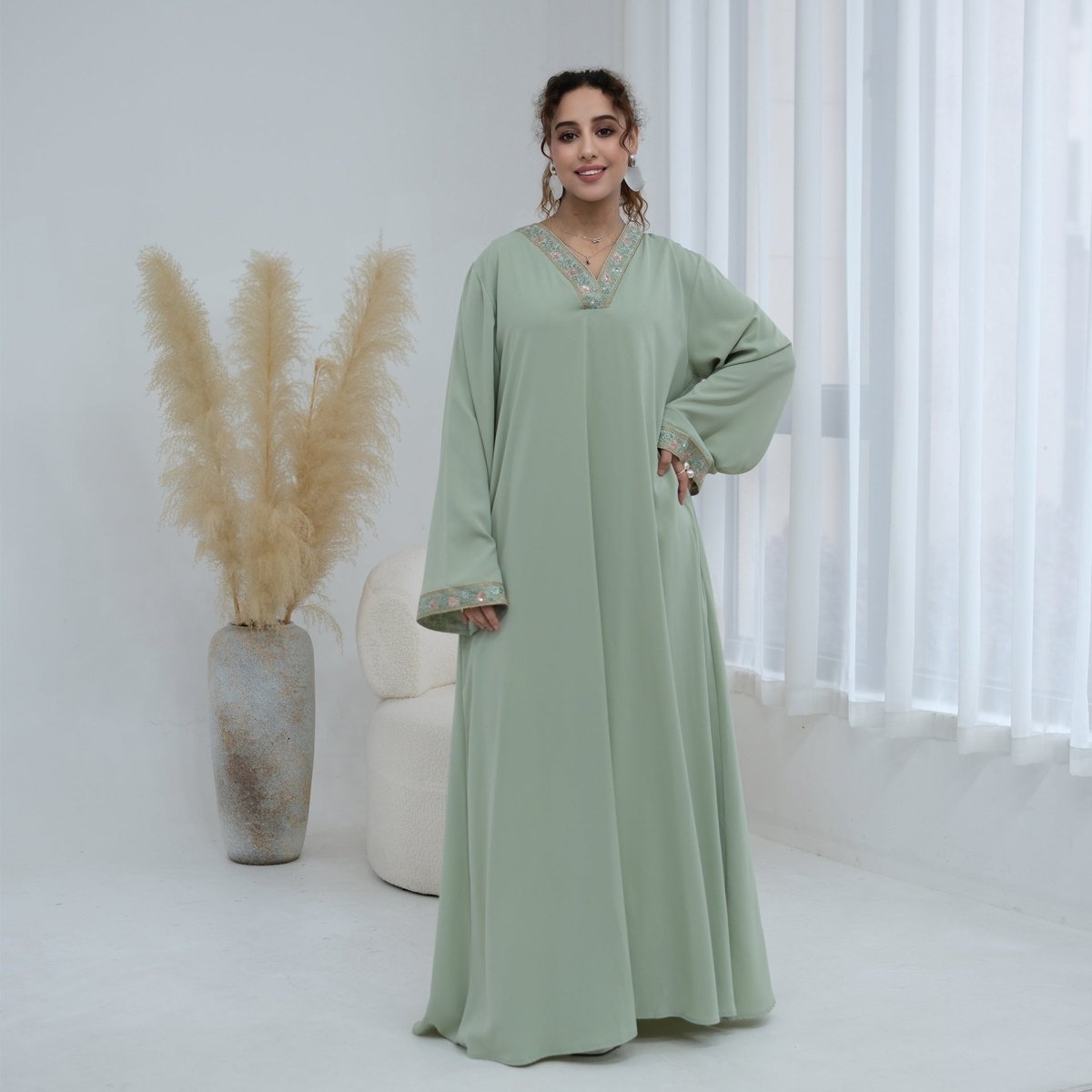 Floral Embroidered V-Neck Nida Maxi Dress(MA448) - Mariam's Collection