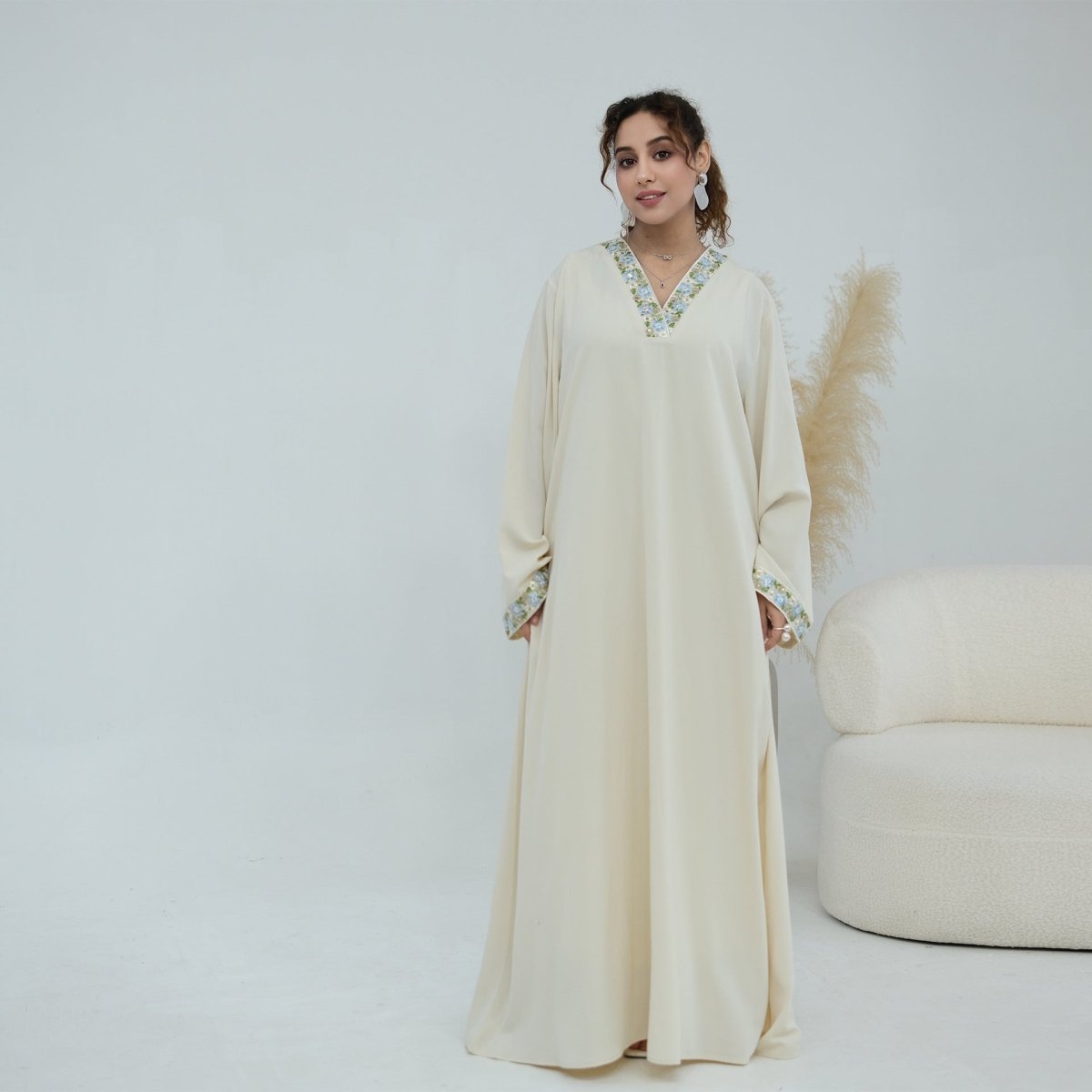 Floral Embroidered V-Neck Nida Maxi Dress(MA448) - Mariam's Collection