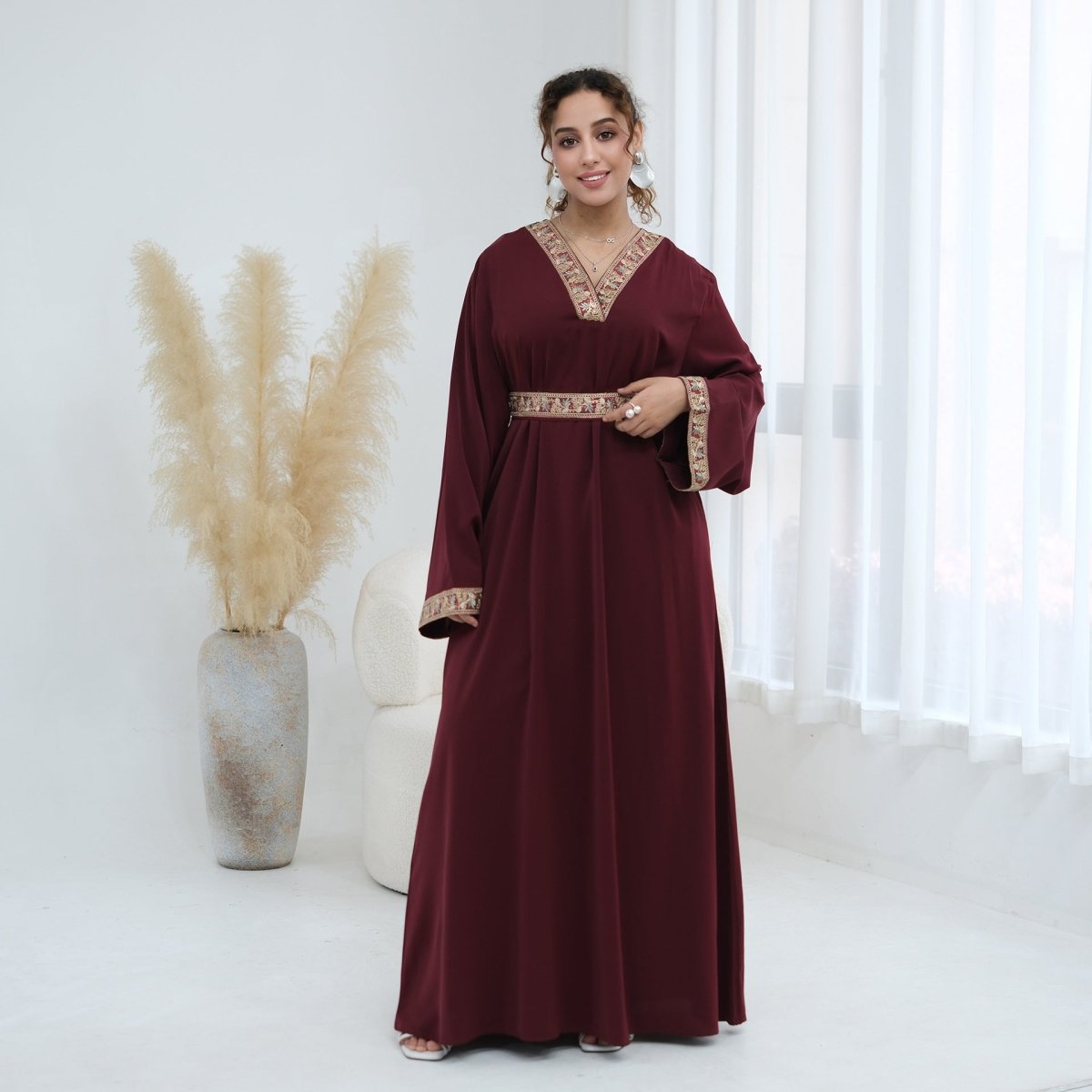 Floral Embroidered V-Neck Nida Maxi Dress(MA448) - Mariam's Collection