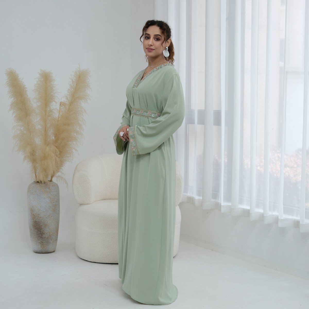 Floral Embroidered V-Neck Nida Maxi Dress(MA448) - Mariam's Collection