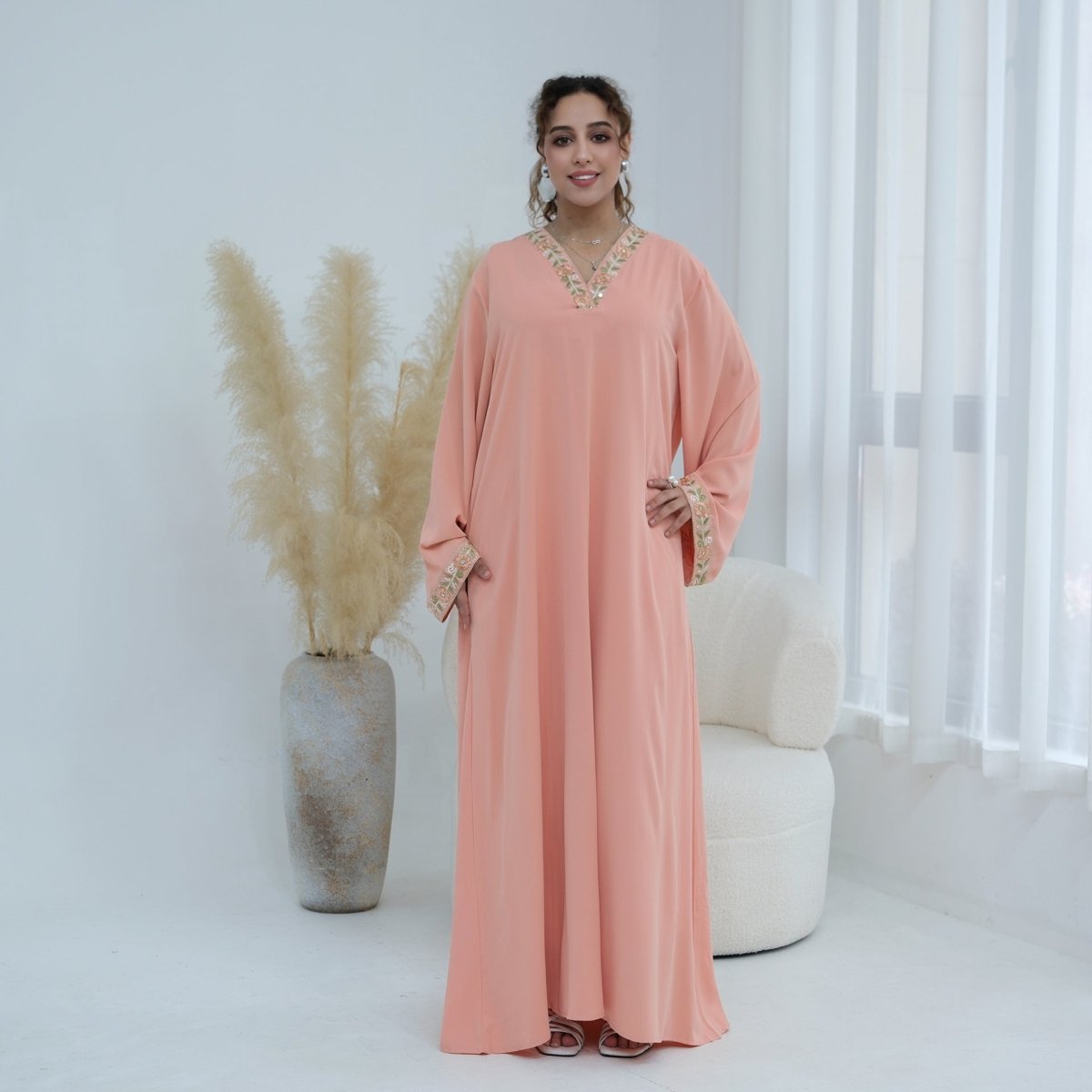 Floral Embroidered V-Neck Nida Maxi Dress(MA448) - Mariam's Collection