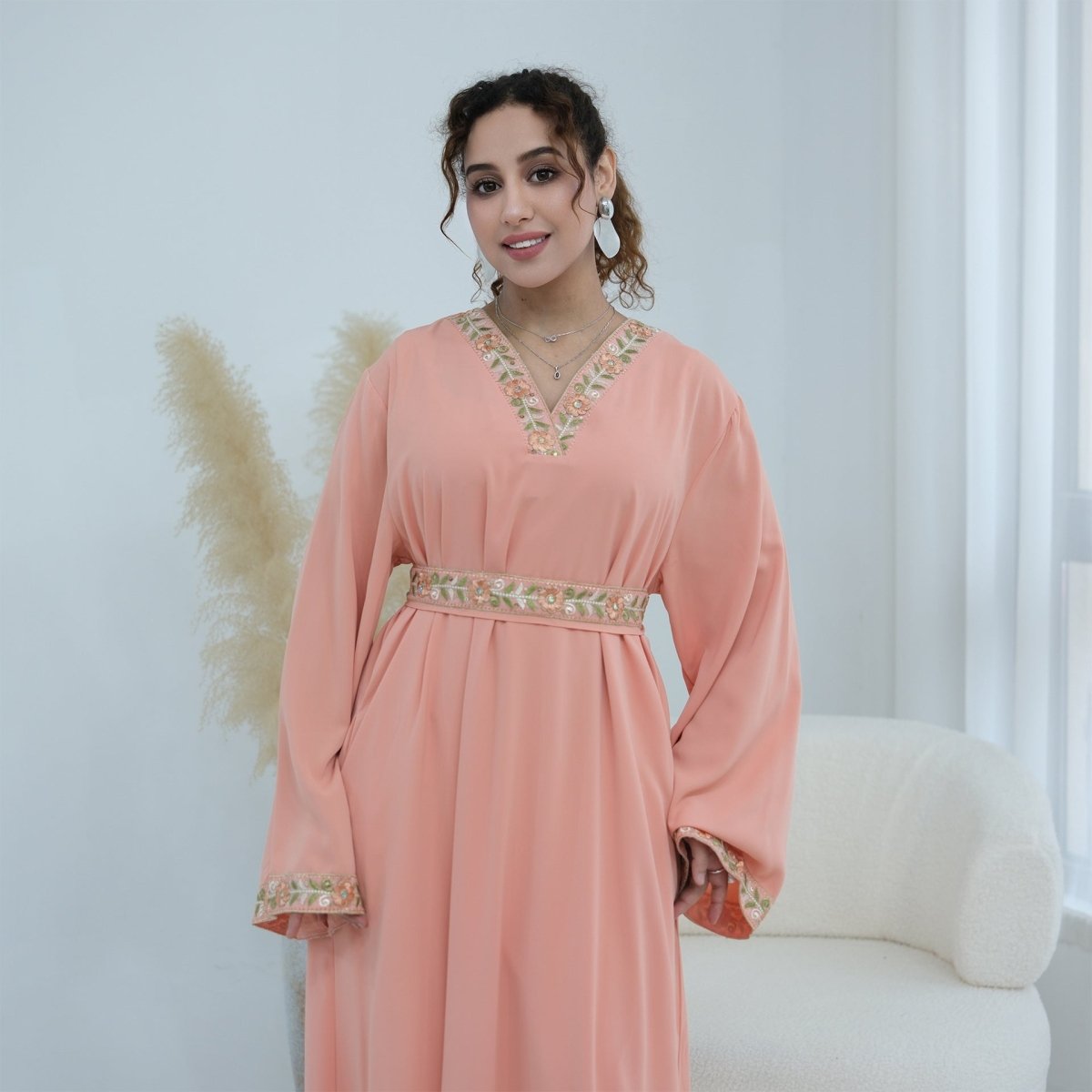 Floral Embroidered V-Neck Nida Maxi Dress(MA448) - Mariam's Collection