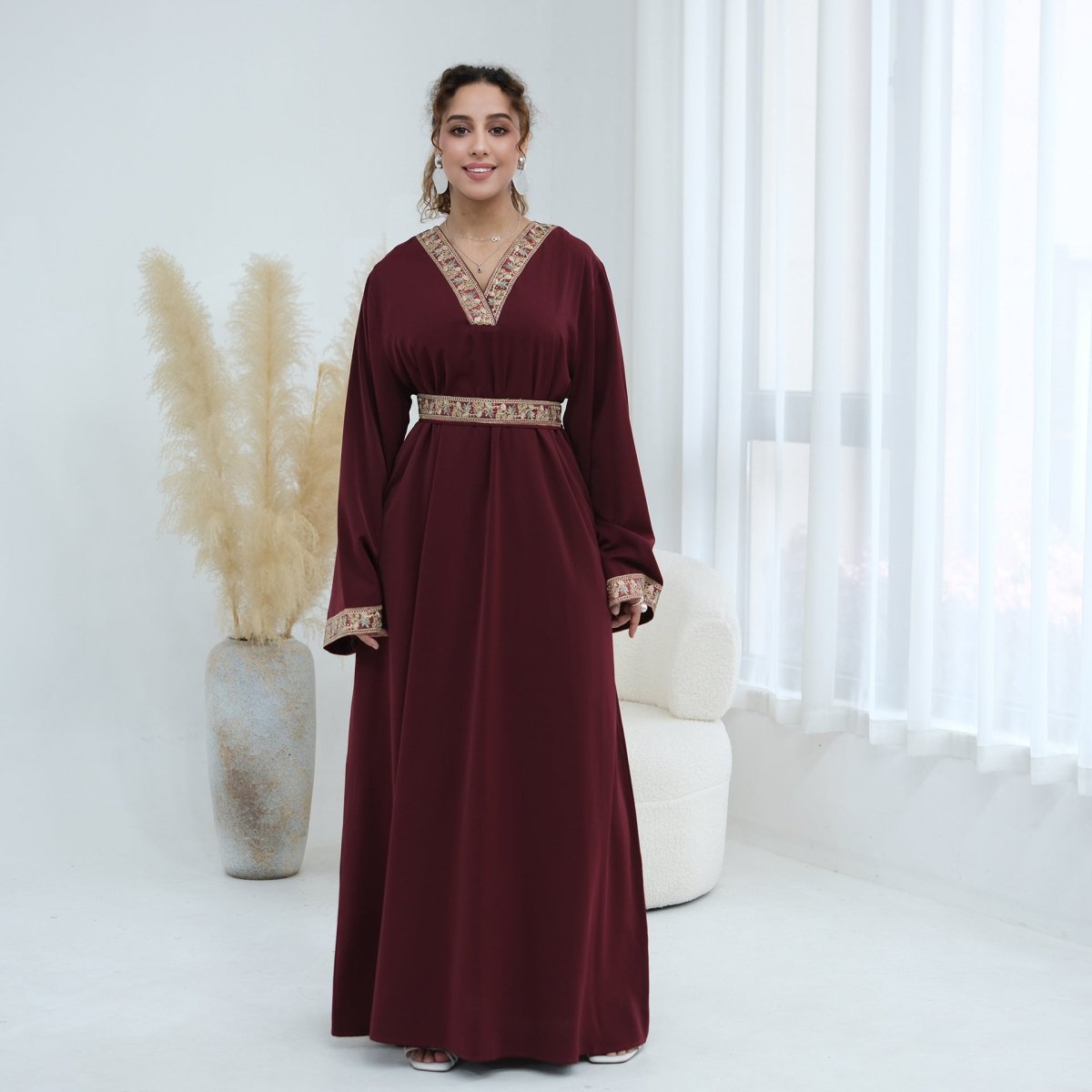 Floral Embroidered V-Neck Nida Maxi Dress(MA448) - Mariam's Collection