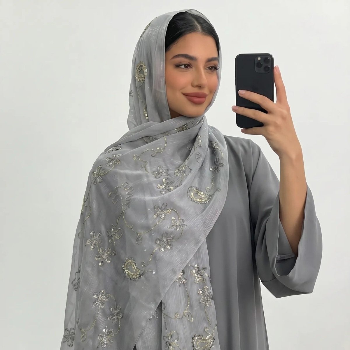 Floral Embroidery Sequin Hijab Scarf (MH244) - Mariam's Collection