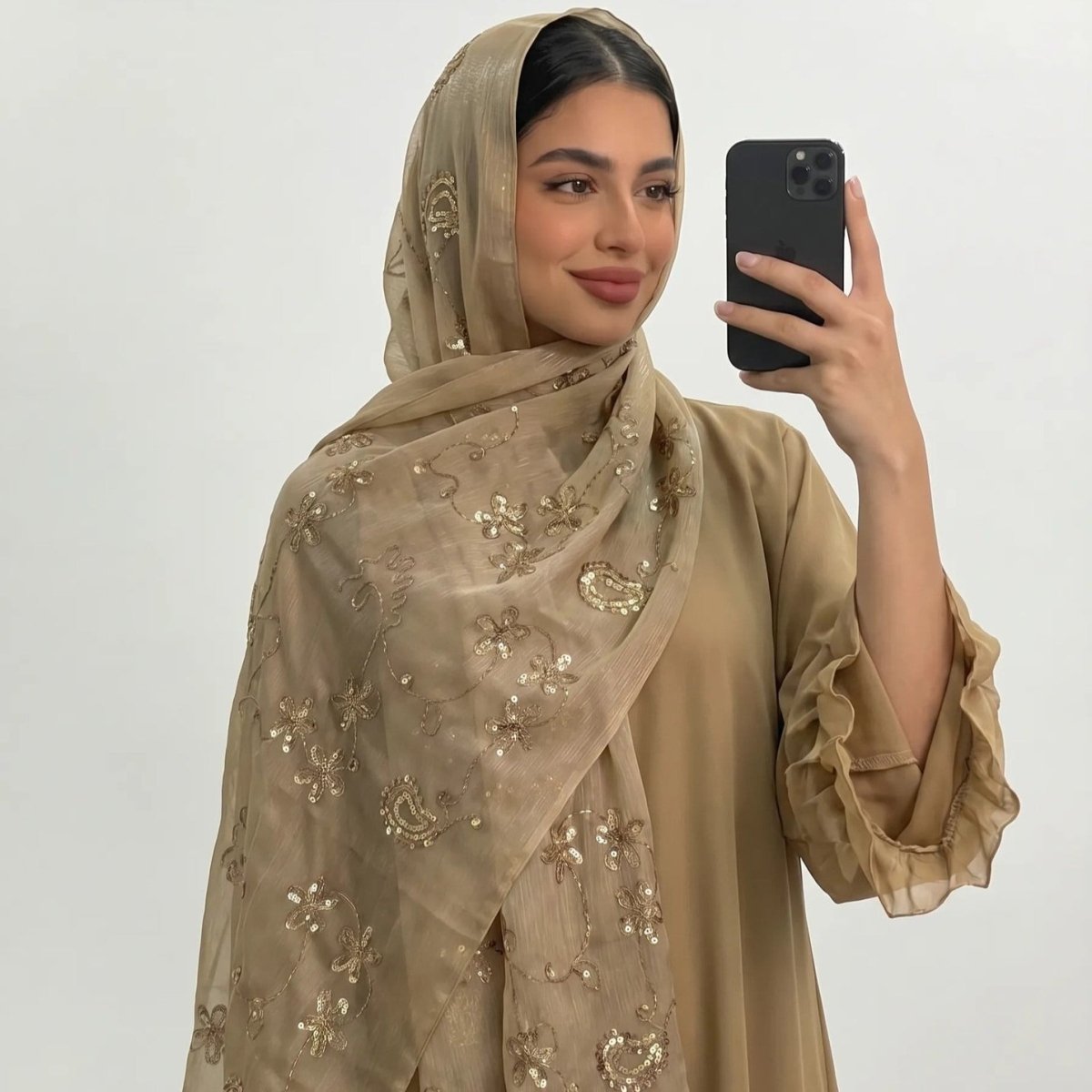 Floral Embroidery Sequin Hijab Scarf (MH244) - Mariam's Collection