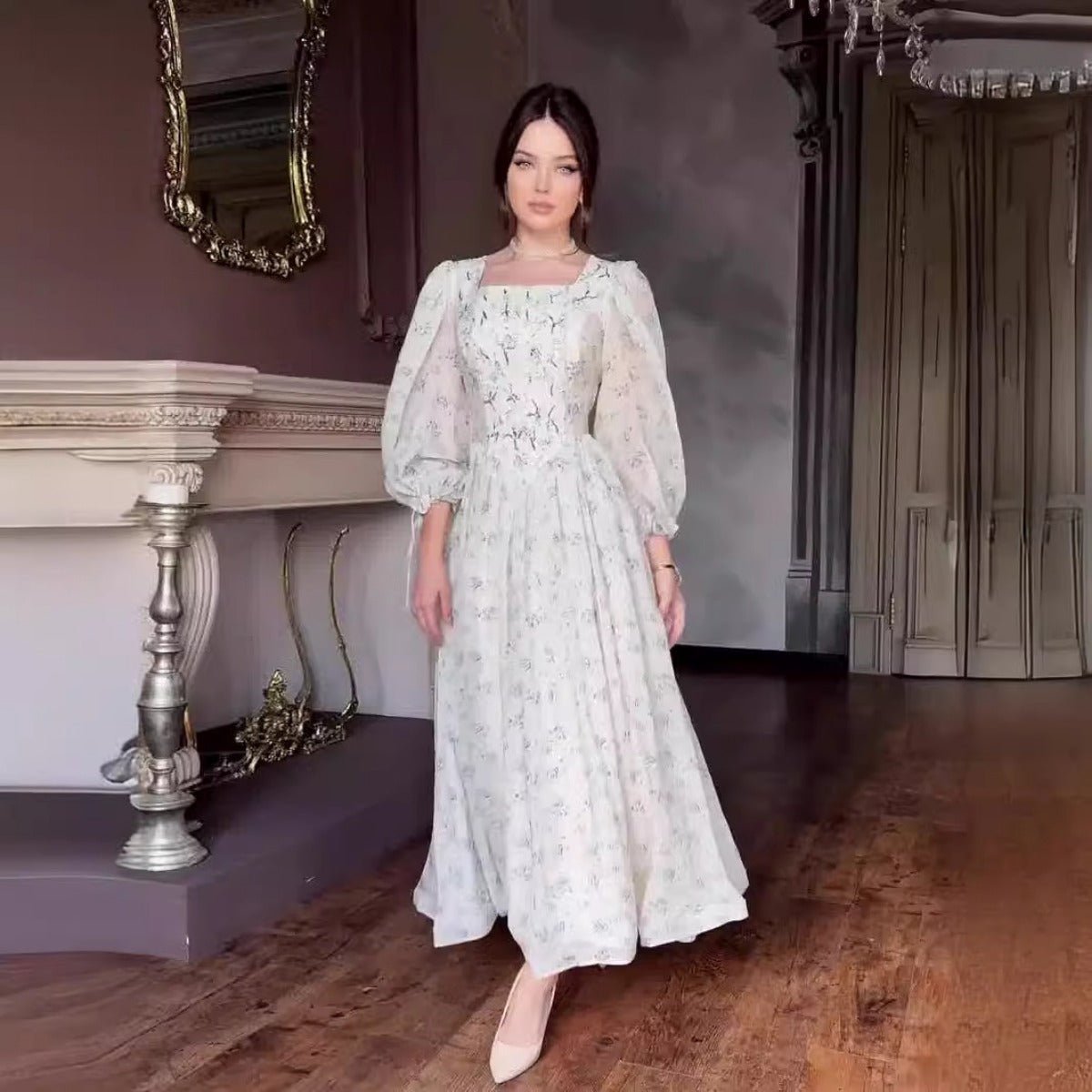 Floral Fairy Romantic Square Neck Bubble Sleeve Gown Dress Abaya with Back Lace - Up Detail. (MA224) - Mariam's Collection