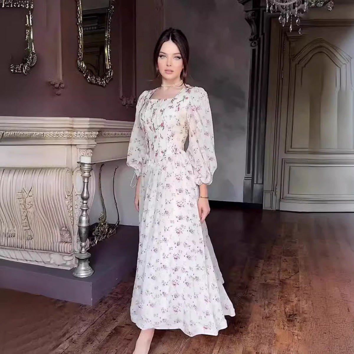 Floral Fairy Romantic Square Neck Bubble Sleeve Gown Dress Abaya with Back Lace - Up Detail. (MA224) - Mariam's Collection