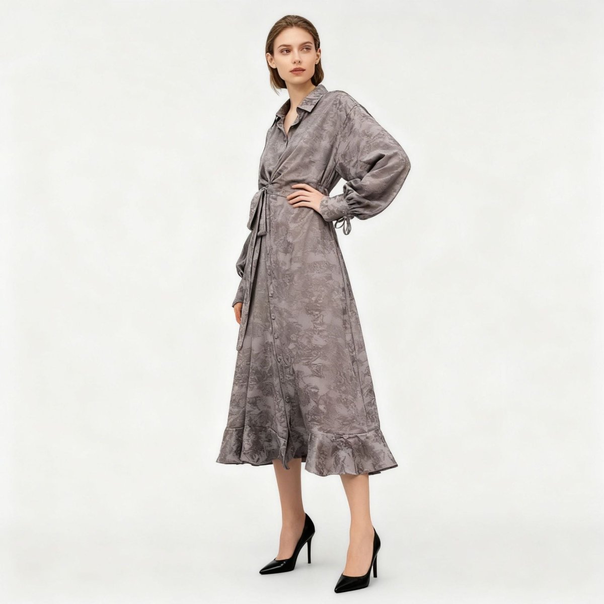 Floral Jacquard Wrap Dress | Collared Tie - Sleeve Maxi Dress(MS257) - Mariam's Collection