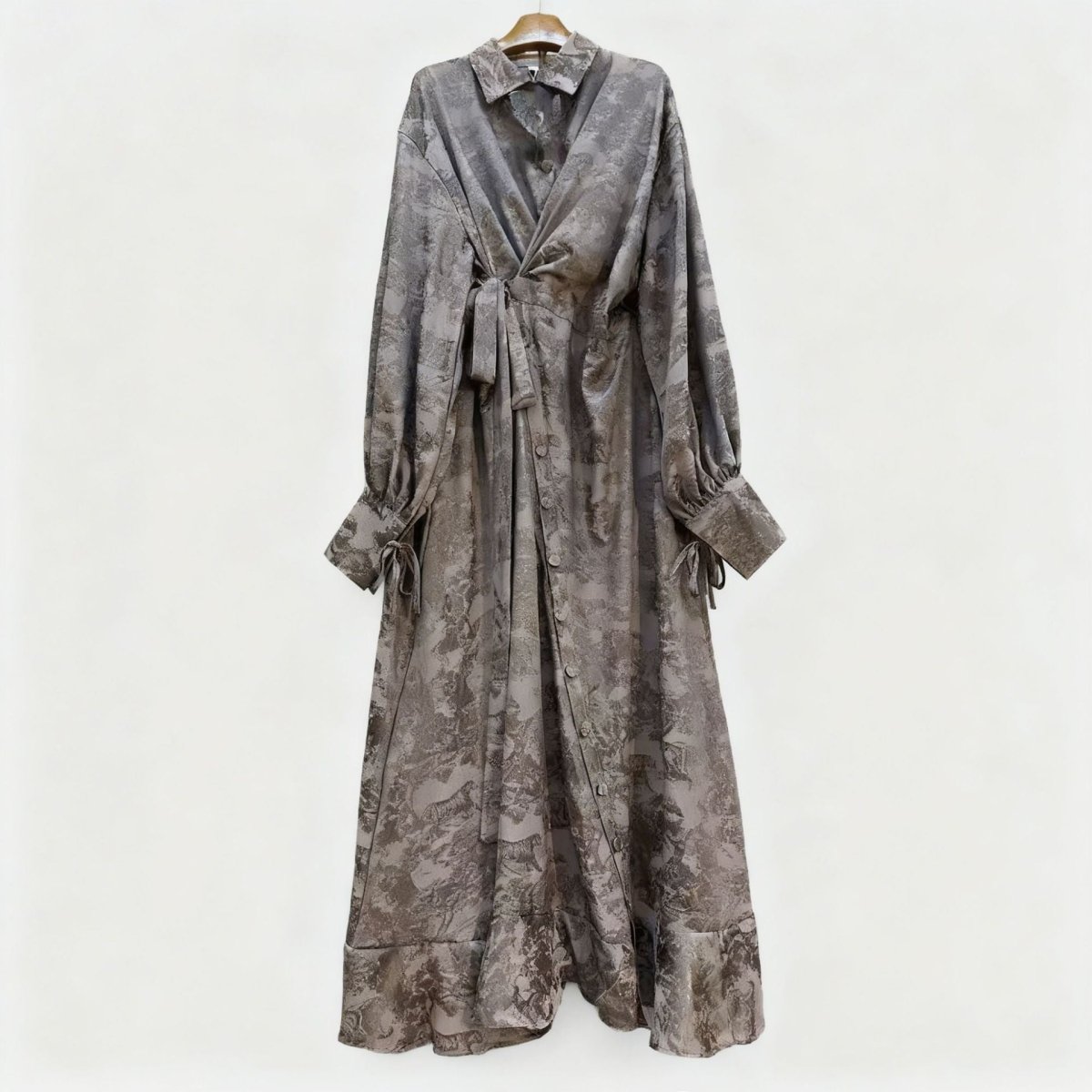 Floral Jacquard Wrap Dress | Collared Tie - Sleeve Maxi Dress(MS257) - Mariam's Collection