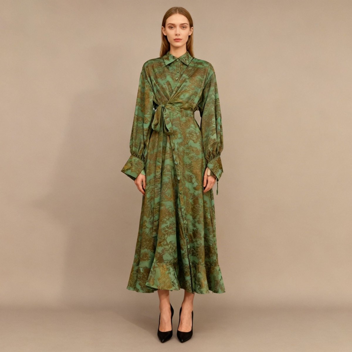 Floral Jacquard Wrap Dress | Collared Tie - Sleeve Maxi Dress(MS257) - Mariam's Collection