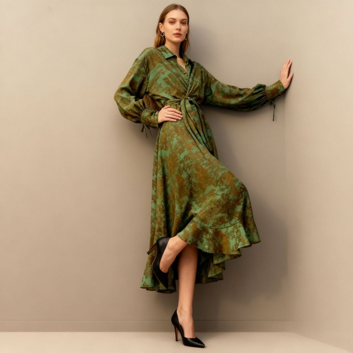 Floral Jacquard Wrap Dress | Collared Tie - Sleeve Maxi Dress(MS257) - Mariam's Collection