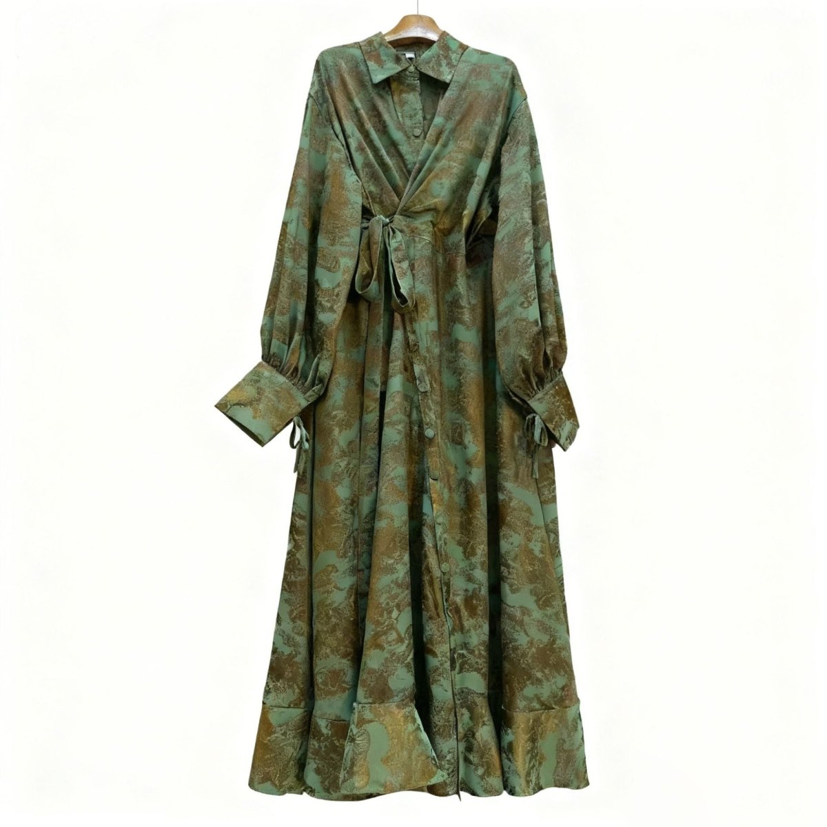 Floral Jacquard Wrap Dress | Collared Tie - Sleeve Maxi Dress(MS257) - Mariam's Collection