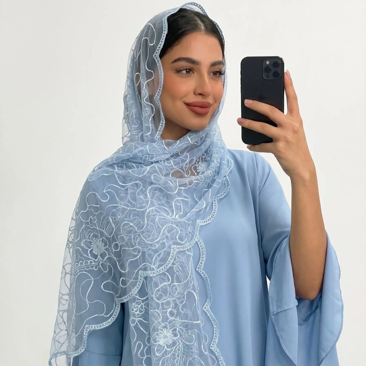 Floral Lace Embroidered Mesh Hijab(MH235) - Mariam's Collection